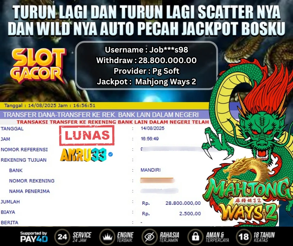 ANRU33 JACKPOT SLOT Mahjong Ways 2 Rp 28.800.000.00 - DIBAYAR LUNAS