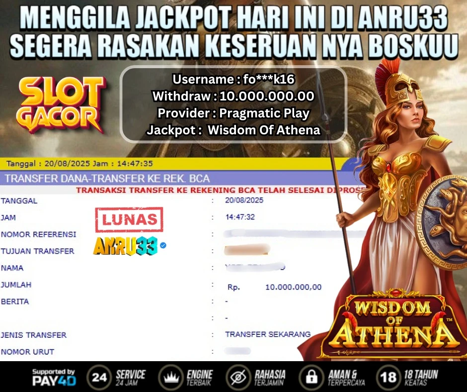 ANRU33 JACKPOT SLOT Wisdom Of Athena Rp 10.000.000.00 - DIBAYAR LUNAS