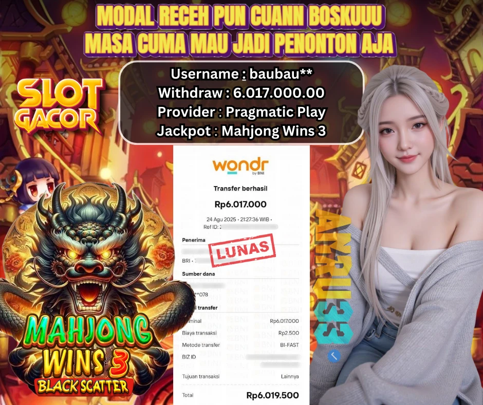ANRU33 JACKPOT SLOT Mahjong Wins 3 Rp 6.017.000.00 - DIBAYAR LUNAS