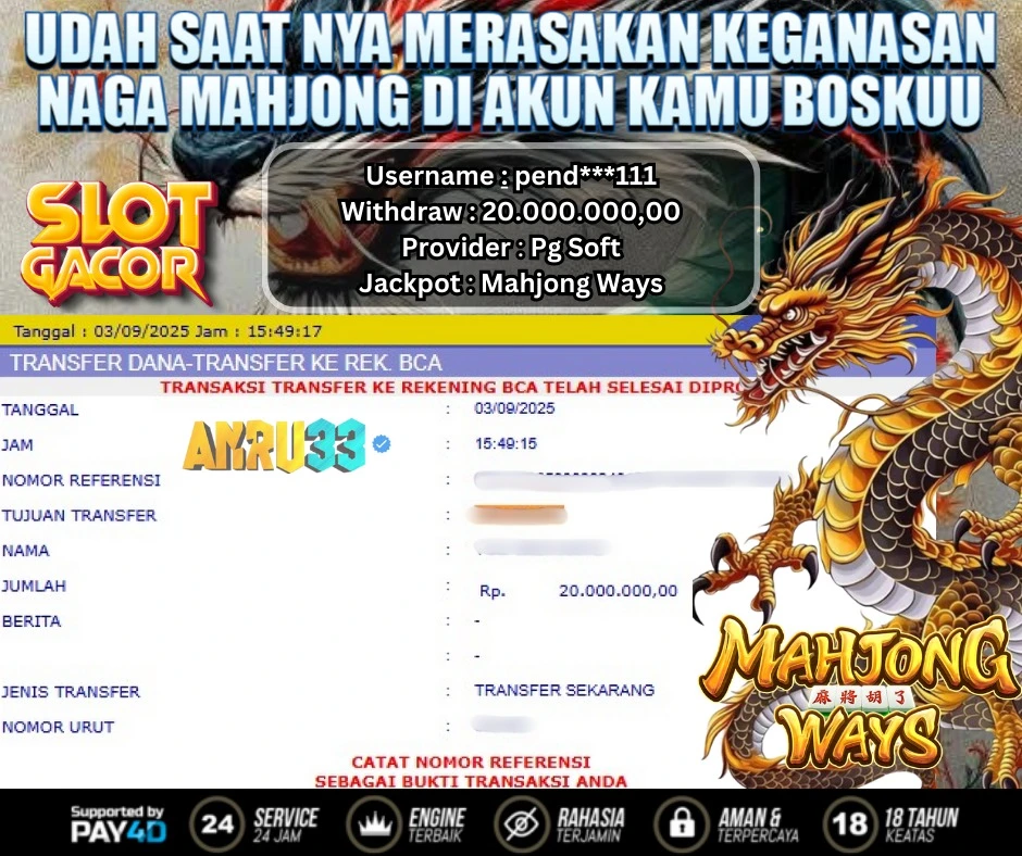 ANRU33 JACKPOT SLOT Mahjong Ways Rp 20.000.000,00 - DIBAYAR LUNAS